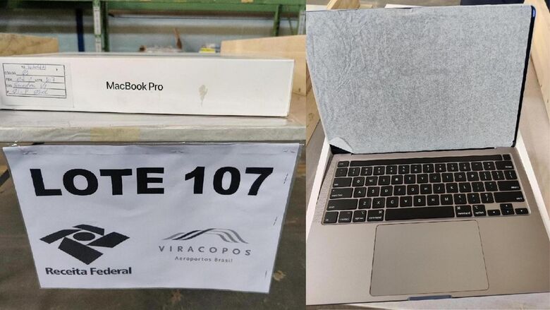 Lote 107 com MacBook Pro 13" na cor cinza espacial - Crédito: Divulgação/Receita Federal