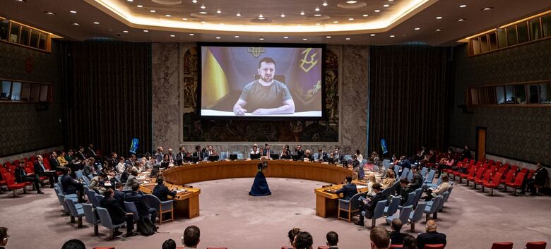  Presidente da Ucrânia, Volodymyr Zelenskyy, discursa na reunião do Conselho de Segurança sobre manutenção da paz e segurança da Ucrânia - Crédito: UN Photo/Rick Bajornas