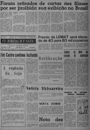 A manchete do O PROGRESSO, edição de 27 de junho de 1973, cita a retirada de cartaz de dez filmes com exibição proibida no país - 