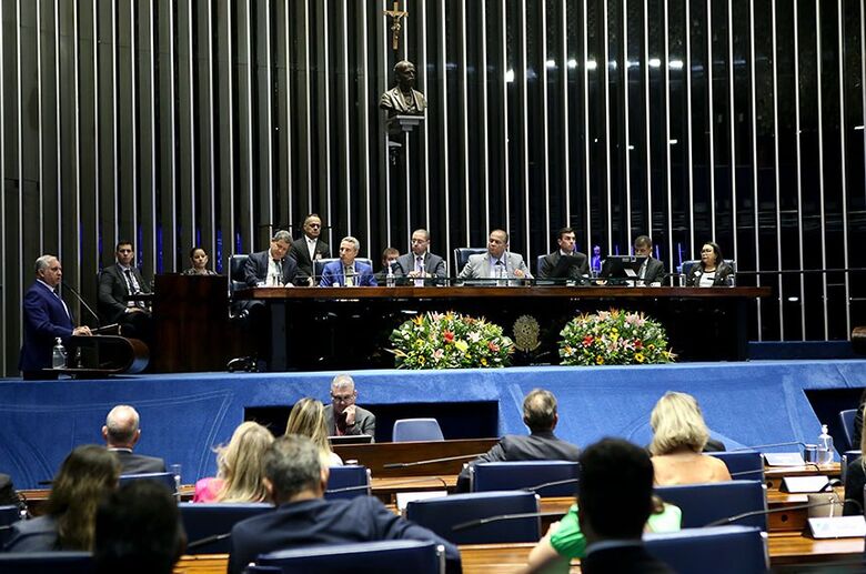 Os senadores Eduardo Gomes (à mesa, ao centro) e Izalci Lucas (na tribuna) com delegados e gestores da Segurança Pública na sessão   - Crédito: Willian Sant"Ana/Gab.do senador Izalci Lucas  