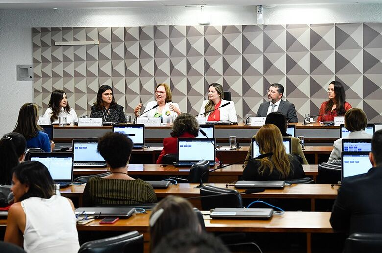 As senadoras Zenaide Maia e Augusta Brito (ao centro) com responsáveis pela pesquisa e participantes da audiência    - Crédito: Roque de Sá/Agência Senado