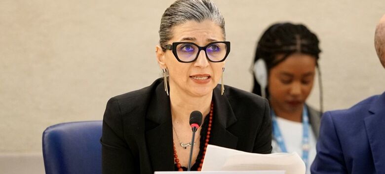 Francesca Albanese, relatora especial sobre a situação dos direitos humanos nos territórios palestinos, faz comentários na 55ª sessão do Conselho de Direitos Humanos da ONU em Genebra - Crédito: UN Human Rights Council/Sérine Meradji 