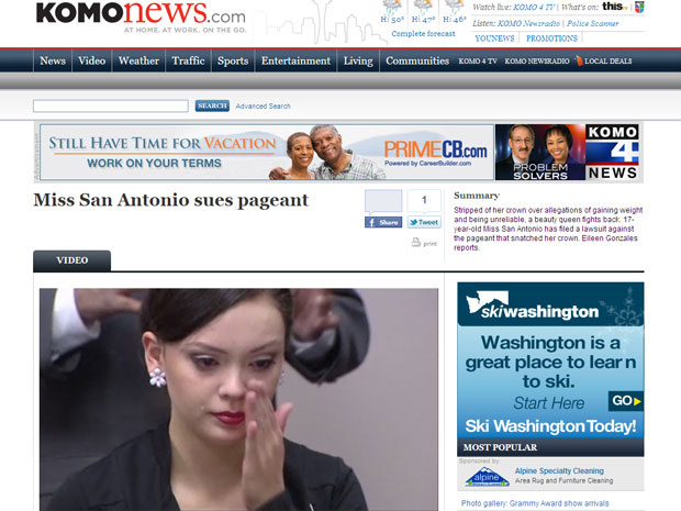 A ex-miss San Antonio chora durante coletiva de imprensa em que anunciou que vai processar o concurso - Crédito: Foto: Reprodução