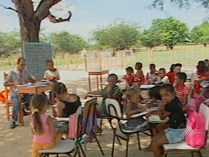 Alunos assistem às aulas debaixo de um pé de
algaroba - Crédito: Foto: Reprodução/TV Bahia
