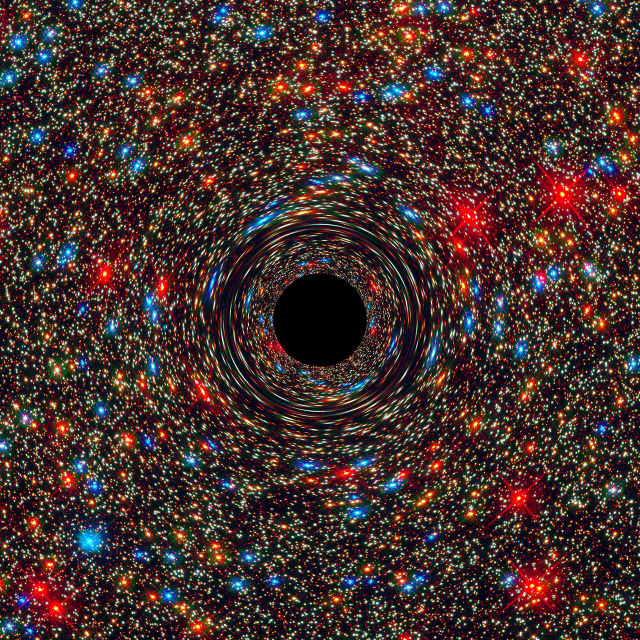 Simulação de computador mostra o buraco negro no centro da galáxia NGC 1600. - Crédito: Foto: NASA,/ESA/ D. Coe, J. Anderson e R. van der Mare/Divulgação
