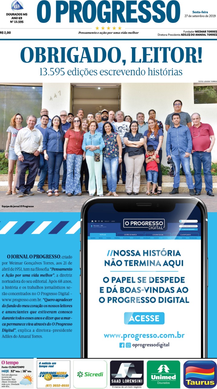 Último "O Progresso" impresso destaca diretoria, funcionários e agradece leitores - Crédito: Divulgação
