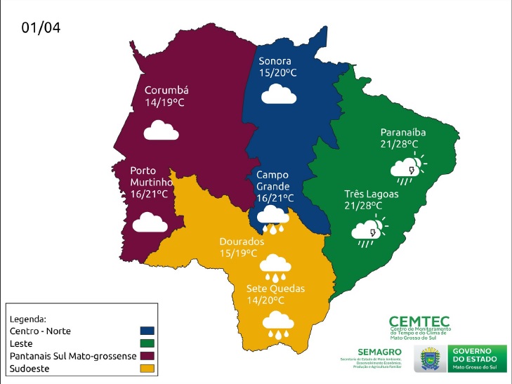 Abril começa chuvoso e frio em MS; temperaturas voltam a subir no sábado a tarde