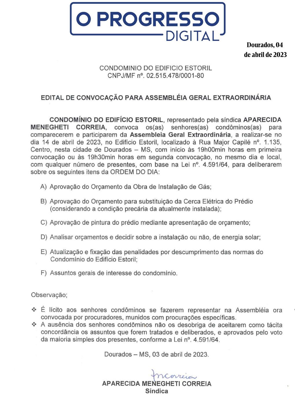 EDITAL DE CONVOCAÇÃO  REUNIÃO EXTRAORDINÁRIA [Campo Grande]